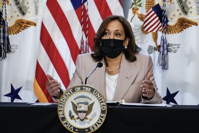 Vice President Kamala Harris speaks to Indiana Democratic legislators to discuss reproductive rights at the Indiana State Library in Indianapolis on July 25, 2022.