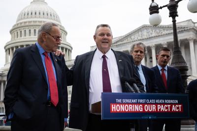 Senate Majority Leader Chuck Schumer (D-N.Y.), Veterans Affairs Chair Jon Tester (D-Mont.), Senate Banking Chair Sherrod Brown (D-Ohio) and Sen. Martin Heinrich (D-N.M.) during a press conference this afternoon on burn pit legislation.