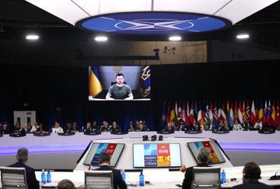 Ukraine's President Volodymyr Zelenskyy addresses a round table meeting via video link during a NATO summit in Madrid, Spain on  June 29, 2022.