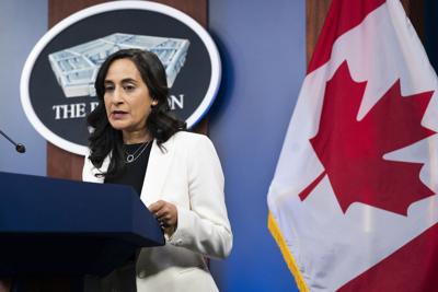 Canadian National Defense Minister Anita Anand speaks during a news conference, Thursday, April 28, 2022, in Washington.