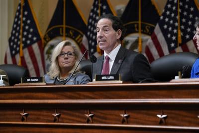 Vice Chair Liz Cheney listens as Rep. Jamie Raskin speaks on the House committee investigating the Jan. 6 attack on the U.S. Capitol on March 28, 2022.