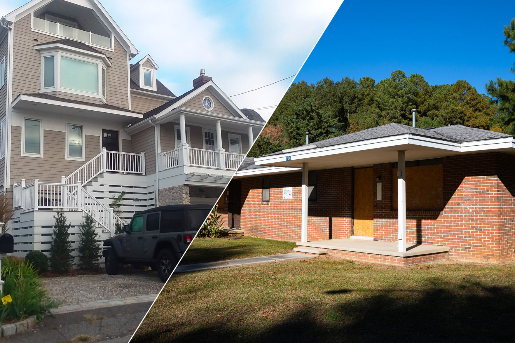 The Federal Emergency Management Agency gave Nanci and Jonathan Lewis $100,000 to raise their home in Fairfield, Conn., in 2018 (left). The agency rejected a request to demolish public housing in a Black neighborhood in Wilson, N.C., that was condemned ...