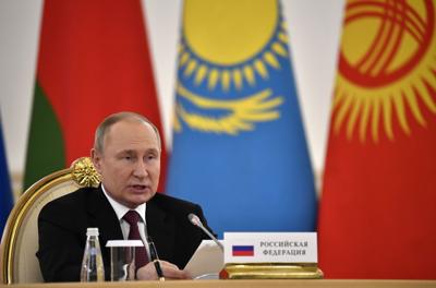 Russian President Vladimir Putin addresses a meeting of the leaders of the Collective Security Treaty Organization at the Kremlin in Moscow, Russia, Monday, May 16, 2022.