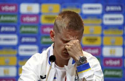 Ukraine's Oleksandr Zinchenko reacts during a press conference in Glasgow, Scotland, on May 31, 2022.