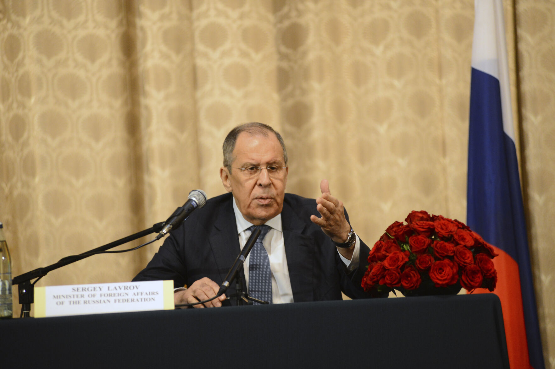 Russian Foreign Minister Sergey Lavrov speaks at the Russian Embassy in Addis Ababa, Ethiopia, on  July 27, 2022.