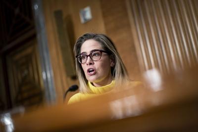 Sen. Kyrsten Sinema speaks during a Senate Homeland Security and Governmental Affairs Committee confirmation hearing for Shalanda Young, President Biden's nominee for Director of the Office of Management and Budget (OMB), Tuesday, Feb. 1, 2022 in Washin...