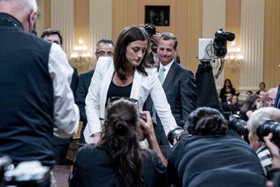 Cassidy Hutchinson, former aide to Trump White House chief of staff Mark Meadows, departs after testifying as the House select committee investigating the Jan. 6 attack on the U.S. Capitol holds a hearing at the Capitol in Washington, Tuesday, June 28, ...