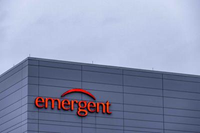 The exterior view of the  Emergent BioSolutions plant on April 1, 2021, in Baltimore, Md.