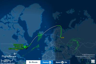 A screenshot of the flight path of the plane that departed from St. Petersburg en route to Dulles Airport in Virginia.
