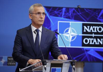 NATO Secretary-General Jens Stoltenberg speaks  at NATO headquarters in Brussels on June 16, 2022.