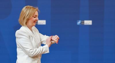 British Foreign Minister Liz Truss arrives for an informal meeting of NATO members states foreign ministers in Berlin.