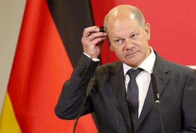 German Chancellor Olaf Scholz attends a news conference  in Skopje, North Macedonia, on June 11, 2022.