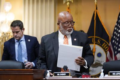 Chair Bennie Thompson (D-Miss.), right, and Rep. Adam Kinzinger (R-Ill.) leave at the end of the Jan. 6 hearing at the Capitol in Washington, Thursday, June 23, 2022.