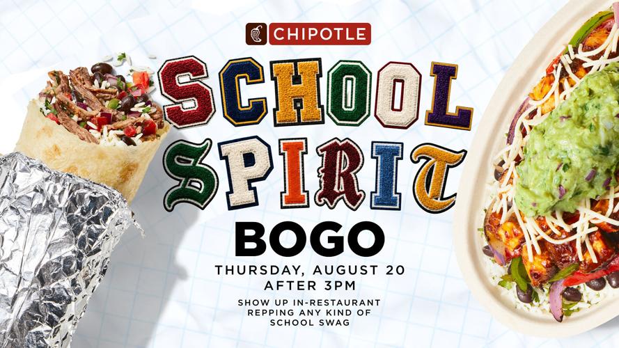 On Thursday, August 20, guests wearing school apparel or accessories can receive a BUY-ONE-GET-ONE (BOGO) entrée offer from 3 p.m. to close local time at participating Chipotle restaurants.