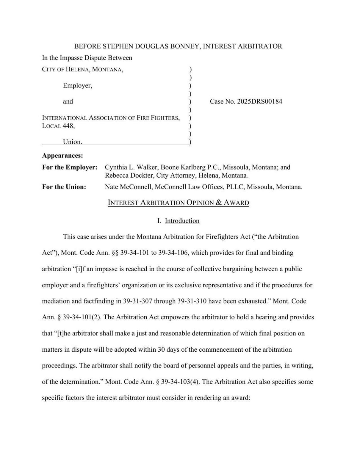 City of Helena and Helena Fire Union IAFF 448 Arbitration Award