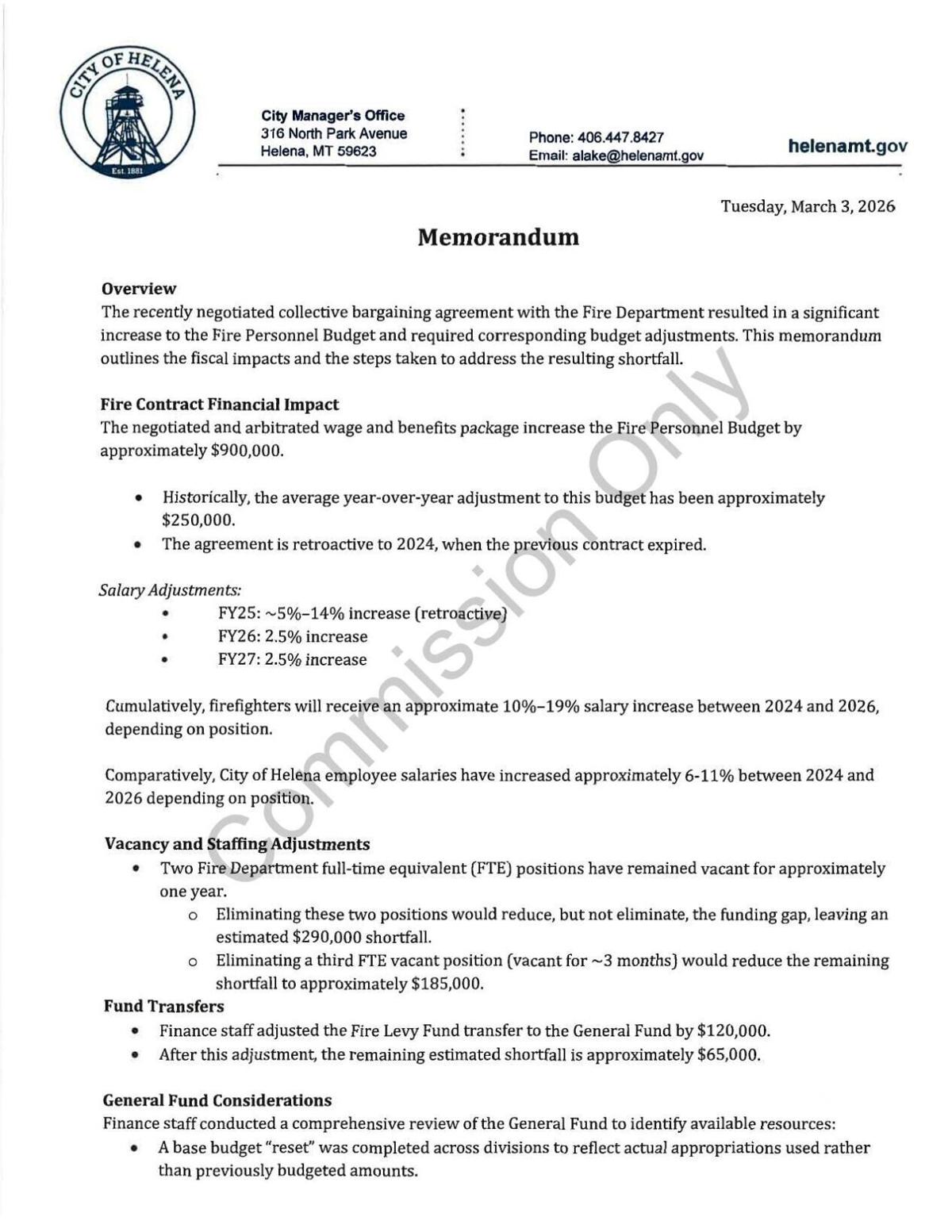 City Manager memo on Helena firefighter arbitration impact