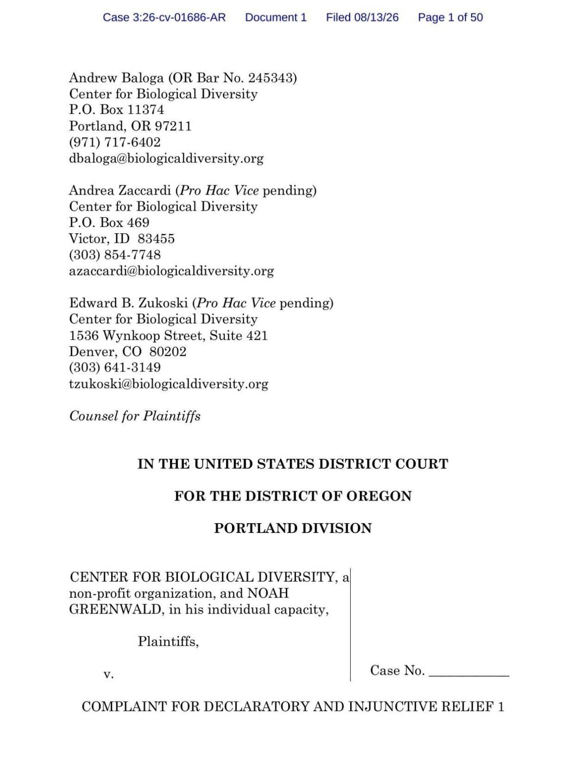 Center for Biological Diversity grazing complaint