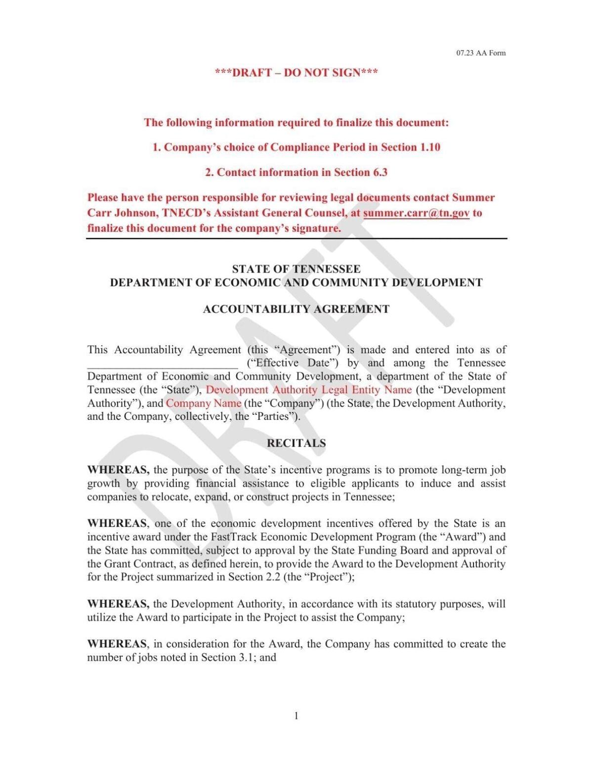 Template Accountability Agreement for FastTrack grants