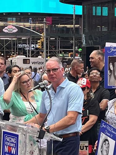 Bryan Keller, CEO of Keller Logistics addresses the families at the National Fentanyl Prevention & Awareness day event in Times Square, August 20th, 2026.