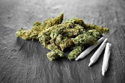 Montón de cogollos de hierba y cigarrillos sobre fondo oscuro