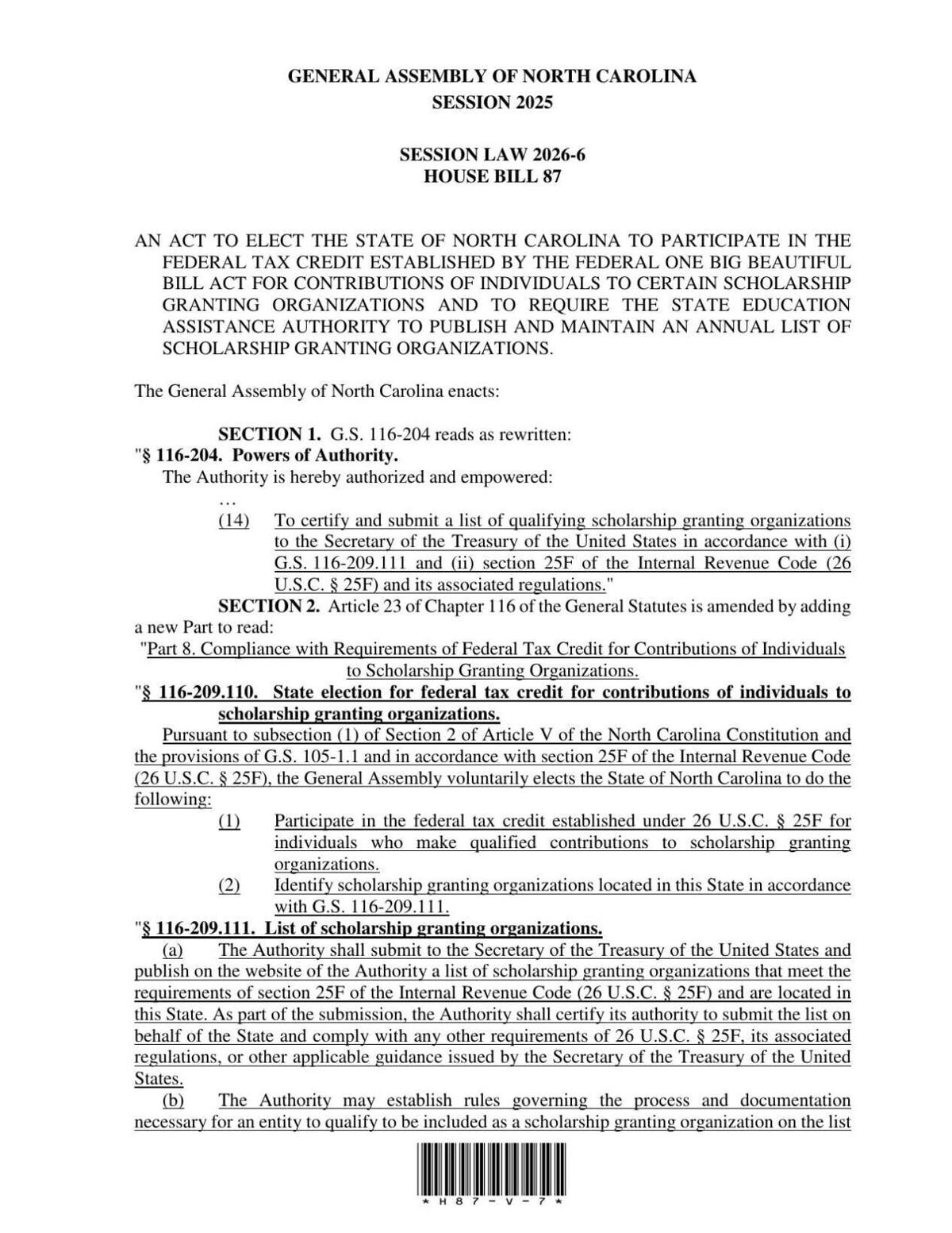 FNF - NC - Educational Choice for Children Act House Bill 87