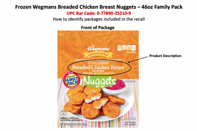Foto del empaque frontal de los nuggets de pollo empanizados Wegmans afectados