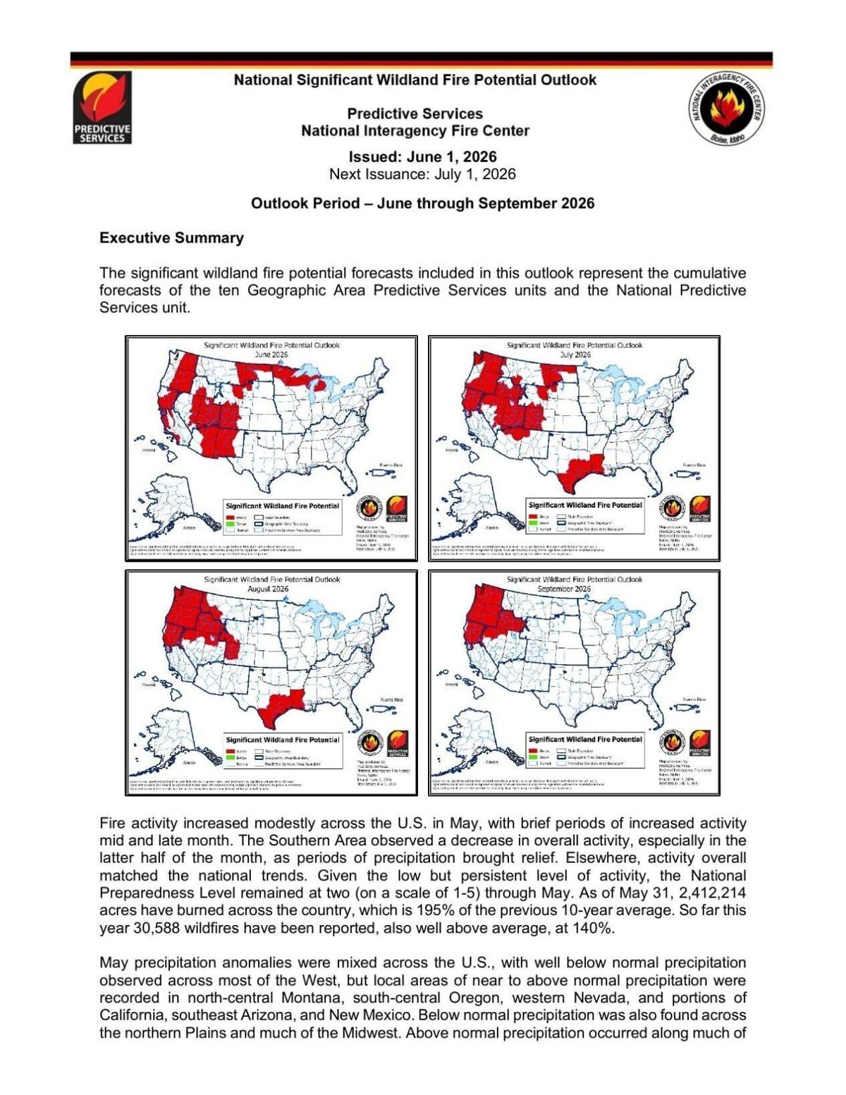 National Interagency Fire Center’s significant wildland fire potential outlook