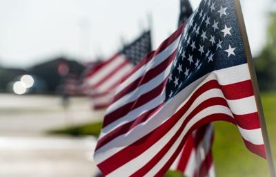 American flags line a street
