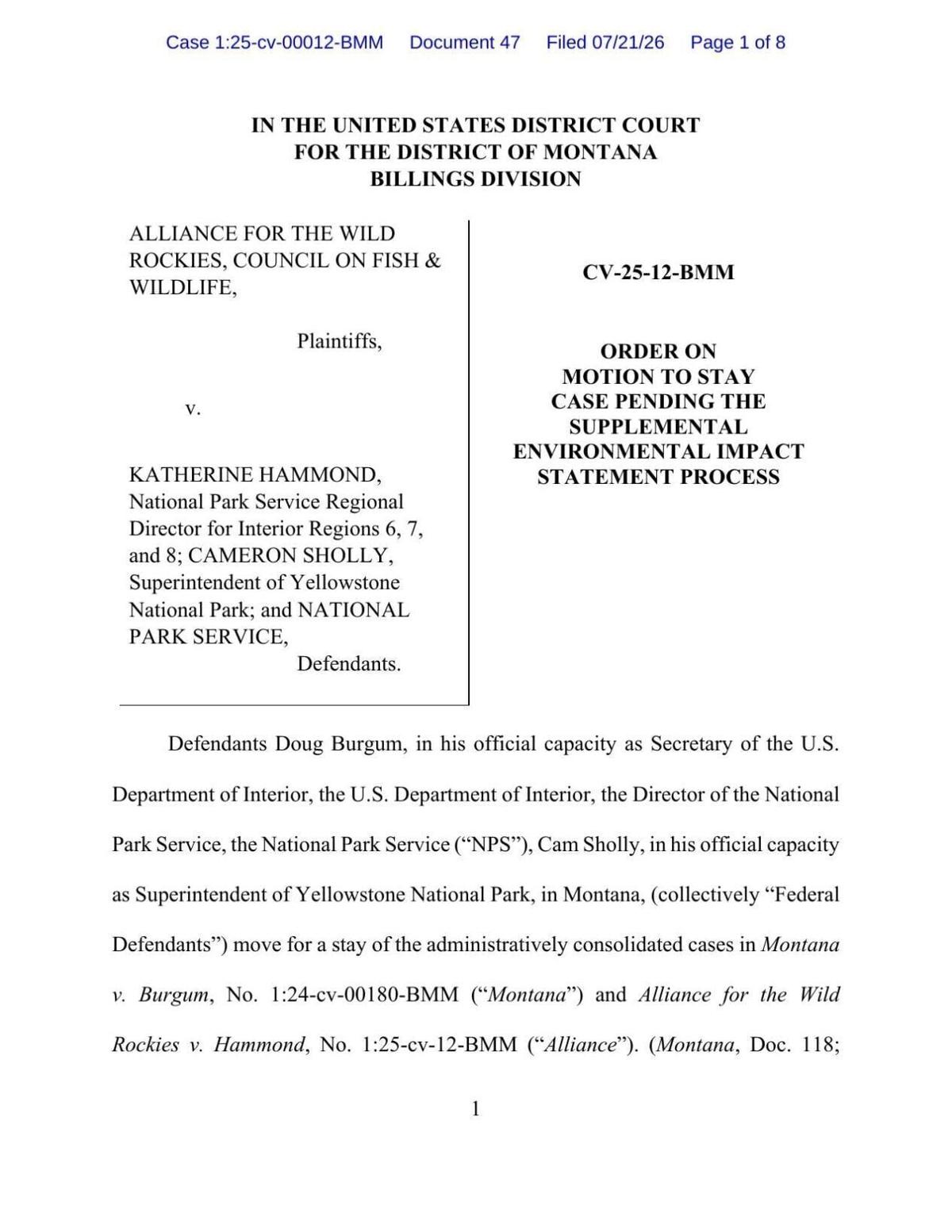 Judge's ruling on request to stay bison plan lawsuits