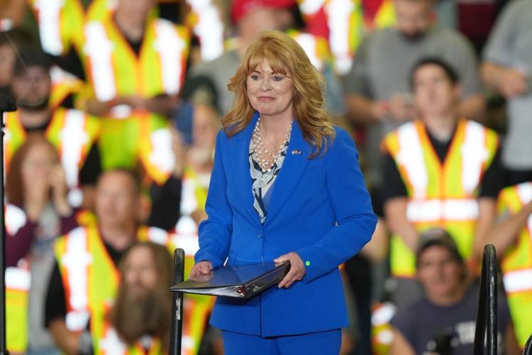 Garrity walks on stage to speak ahead of President Donald Trump at a Macungie operations facility for Mack Trucks in June, 2026.