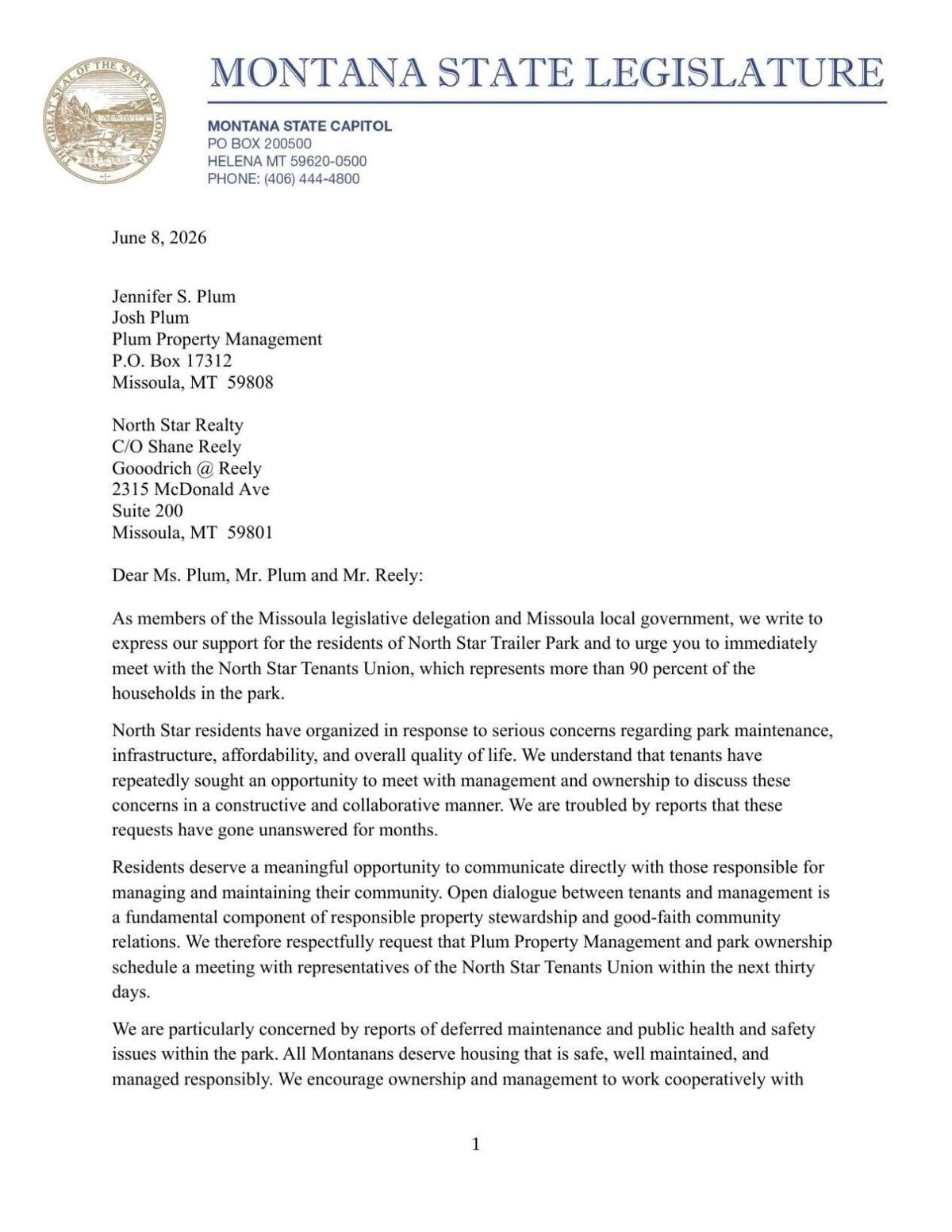 Letter to Plum Property Management