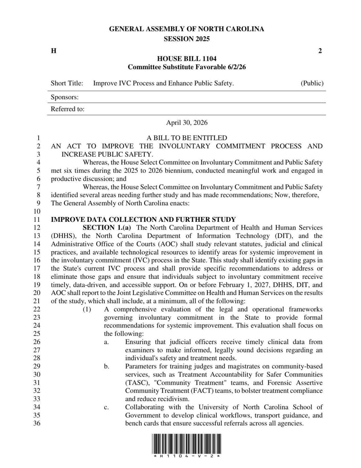 FNF - NC - Improve IVC Process and Enhance Public Safety House Bill 1104